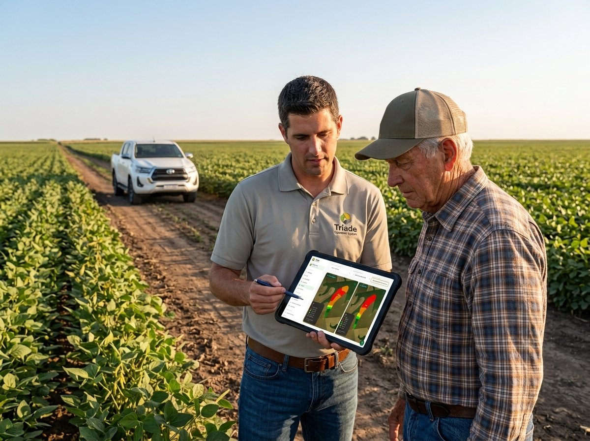 Consultor mostra ao produtor, no tablet e em meio à lavoura de soja, os mapas de fertilidade do talhão